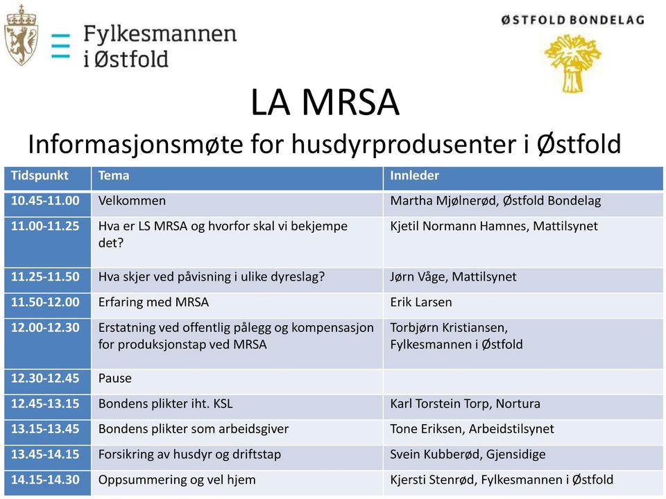 30 Erstatning ved offentlig pålegg og kompensasjon for produksjonstap ved MRSA Torbjørn Kristiansen, Fylkesmannen i Østfold 12.30-12.45 Pause 12.45-13.15 Bondens plikter iht.