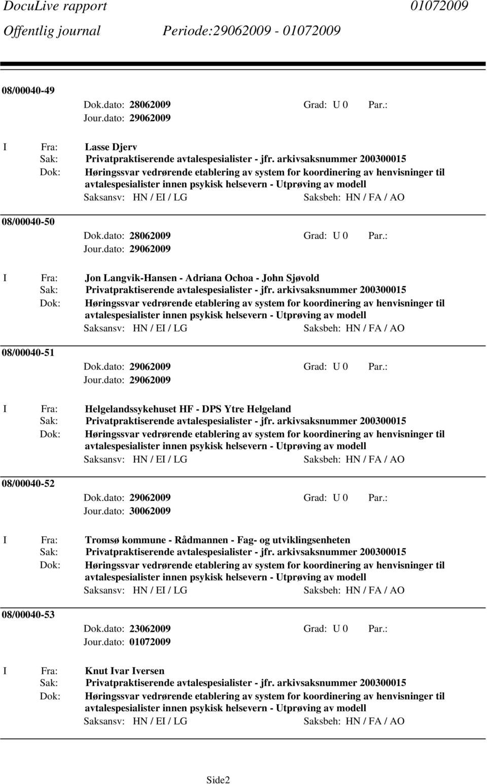 Saksbeh: HN / FA / AO 08/00040-50 Dok.dato: 28062009 Grad: 0 Par.: Jon Langvik-Hansen - Adriana Ochoa - John Sjøvold Privatpraktiserende avtalespesialister - jfr.