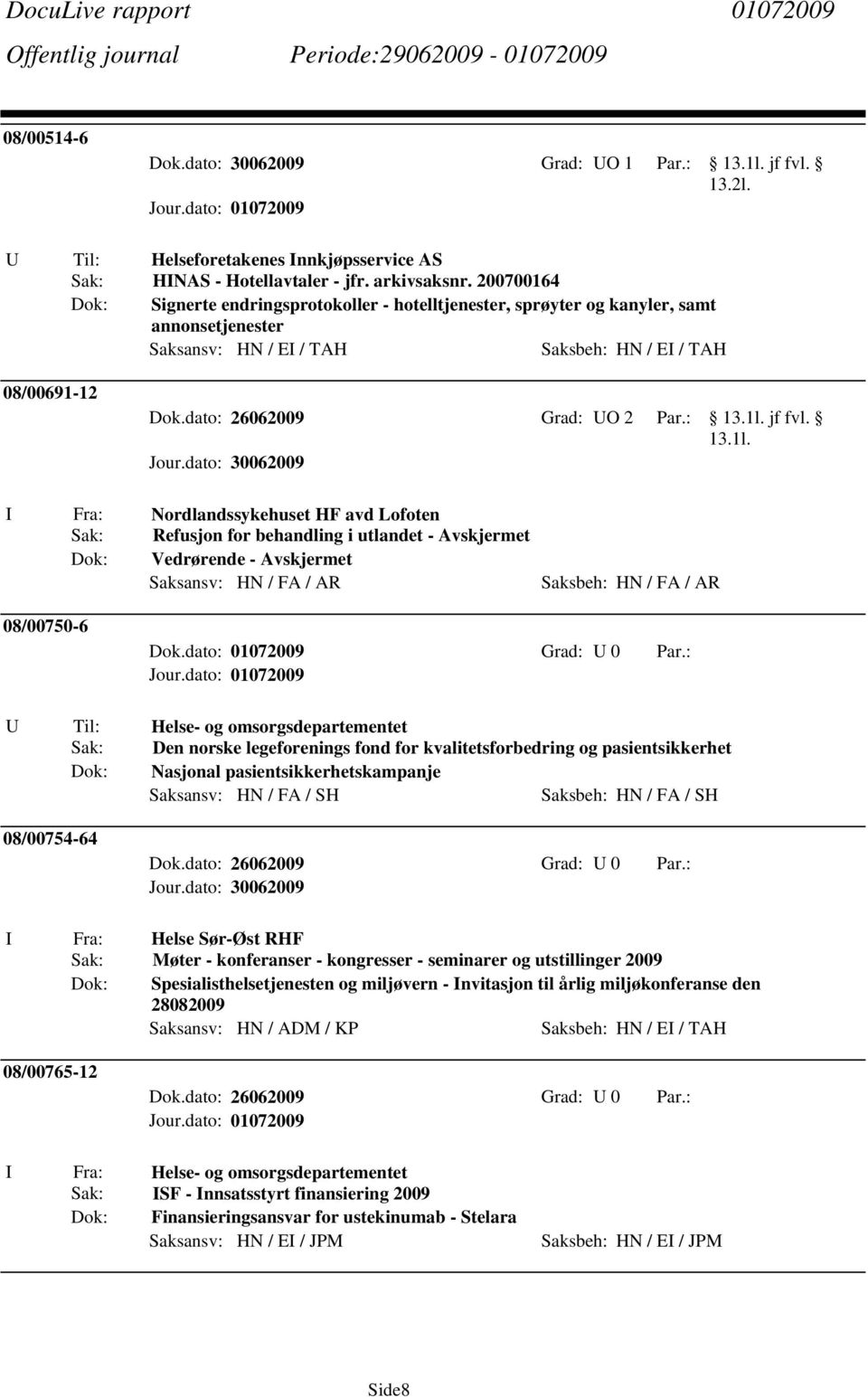 Nordlandssykehuset HF avd Lofoten Refusjon for behandling i utlandet - Avskjermet Vedrørende - Avskjermet 08/00750-6 Dok.dato: 01072009 Grad: 0 Par.