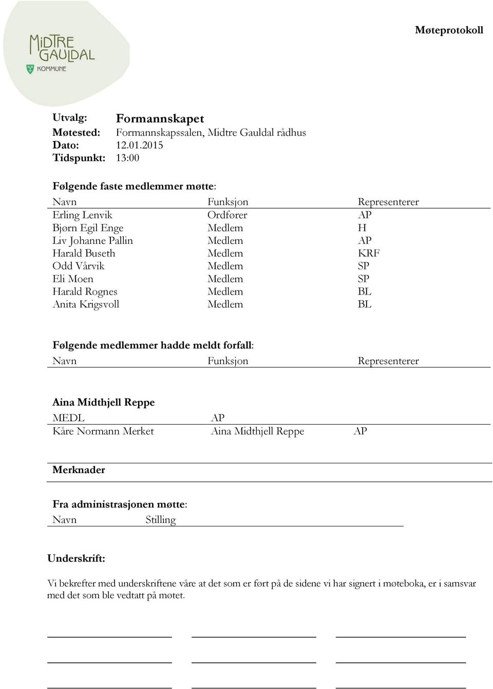 Medlem KRF Odd Vårvik Medlem SP Eli Moen Medlem SP Harald Rognes Medlem BL Anita Krigsvoll Medlem BL Følgende medlemmer hadde meldt forfall: Navn Funksjon Representerer Aina