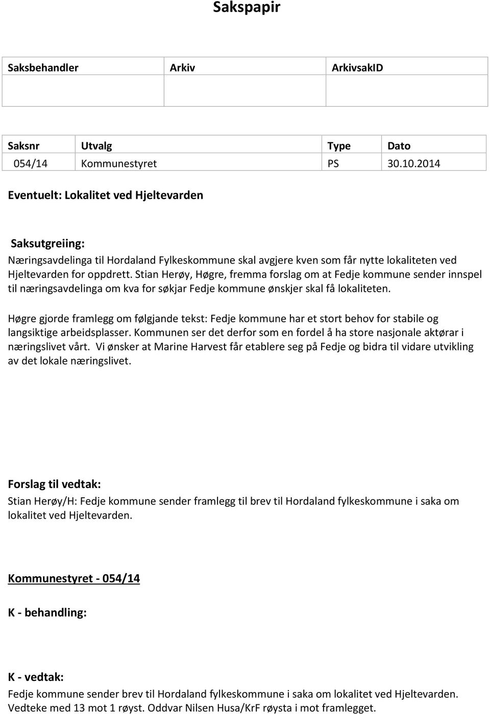 Stian Herøy, Høgre, fremma forslag om at Fedje kommune sender innspel til næringsavdelinga om kva for søkjar Fedje kommune ønskjer skal få lokaliteten.