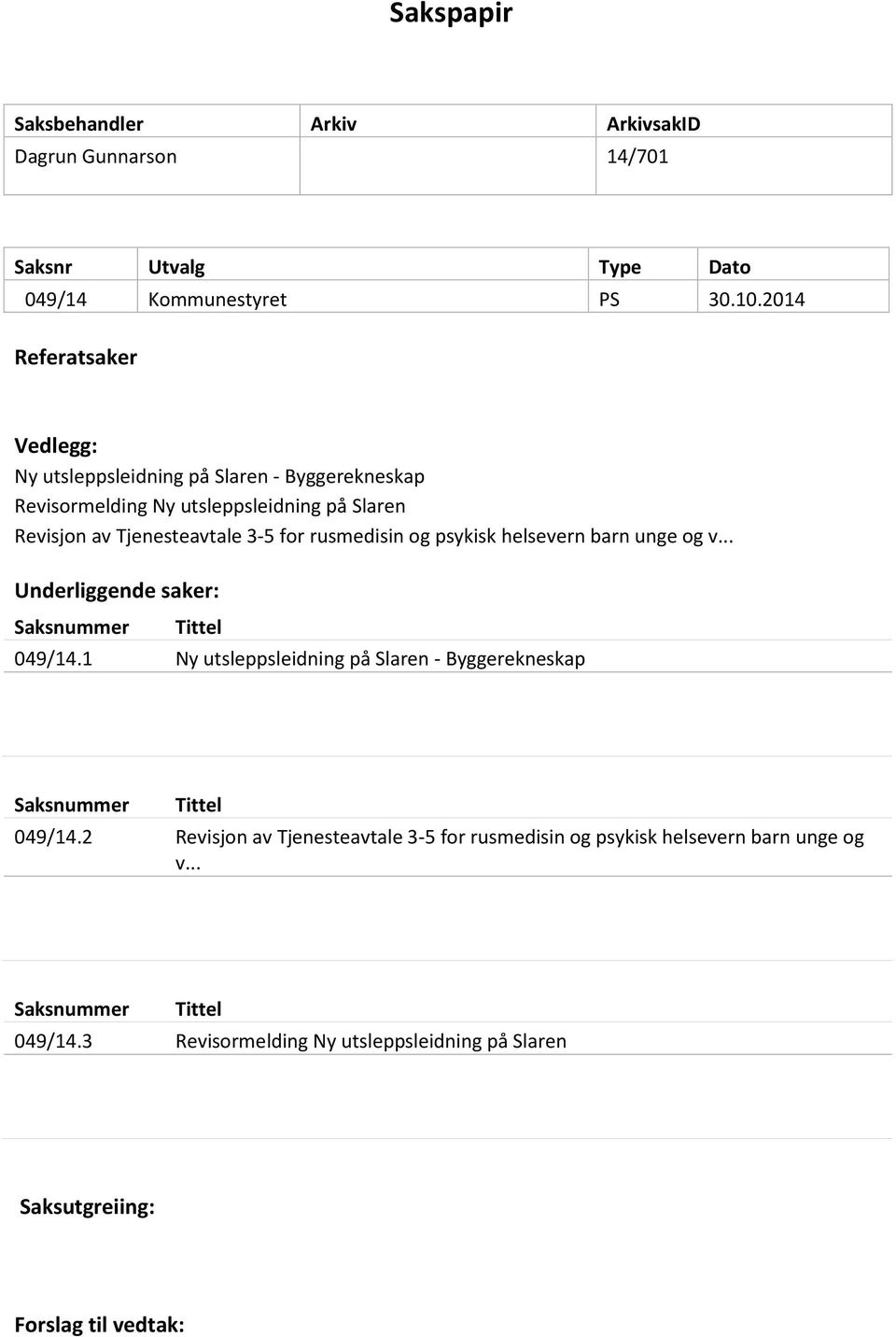 rusmedisin og psykisk helsevern barn unge og v... Underliggende saker: Saksnummer Tittel 049/14.