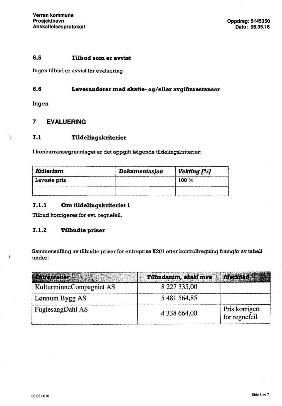 1 Tildelingskriterier I konkurransegrunnlaget er det oppgitt følgende tildelingskriterier: _Kr1'ter1' um Dokumentasjon Vekting [%] Laveste pris i i 1oo% 1.1.1 Om tildelingskriteriet 1 Tilbudkorrigeres for evt.