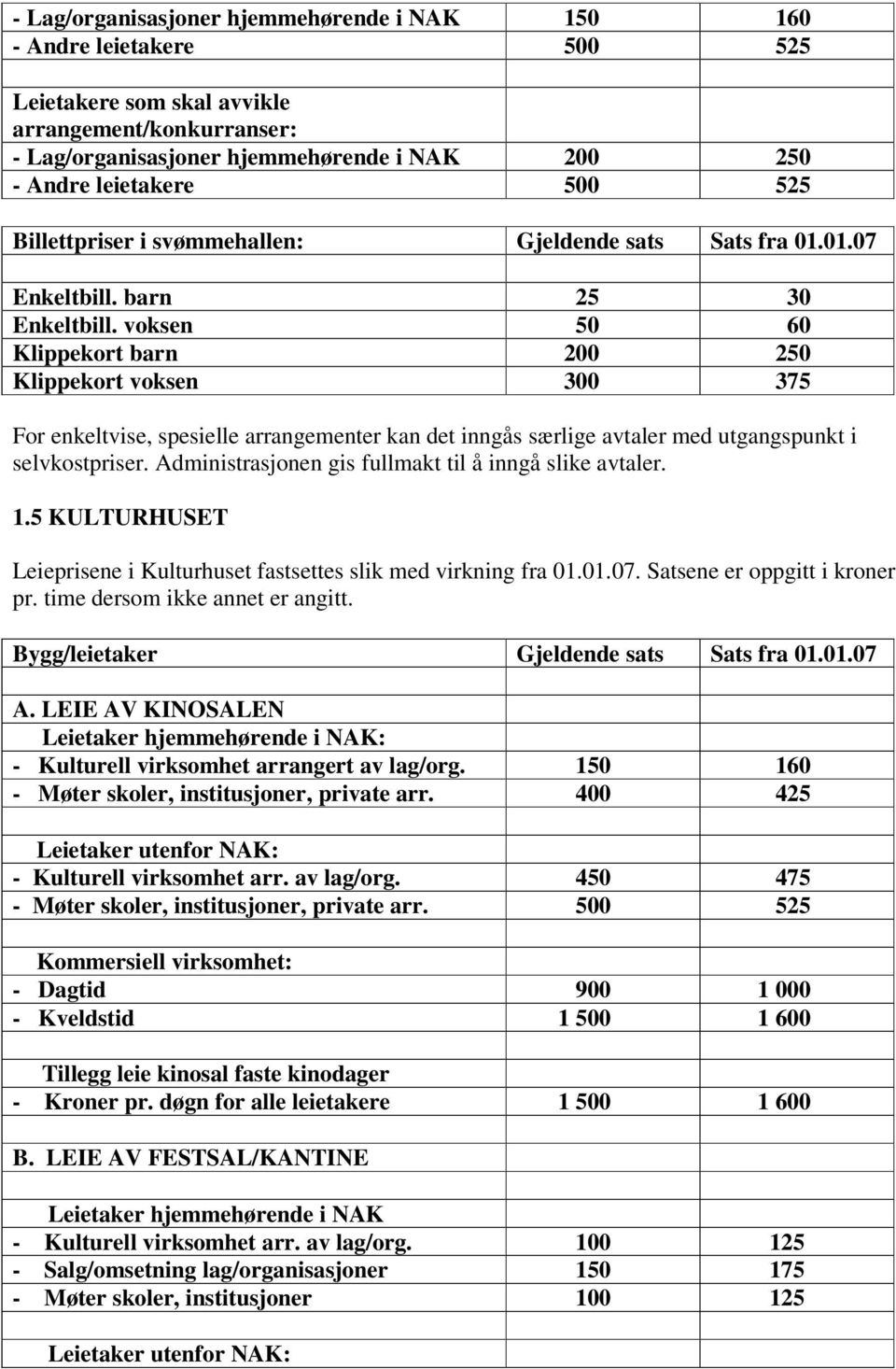 voksen 50 60 Klippekort barn 200 250 Klippekort voksen 300 375 For enkeltvise, spesielle arrangementer kan det inngås særlige avtaler med utgangspunkt i selvkostpriser.