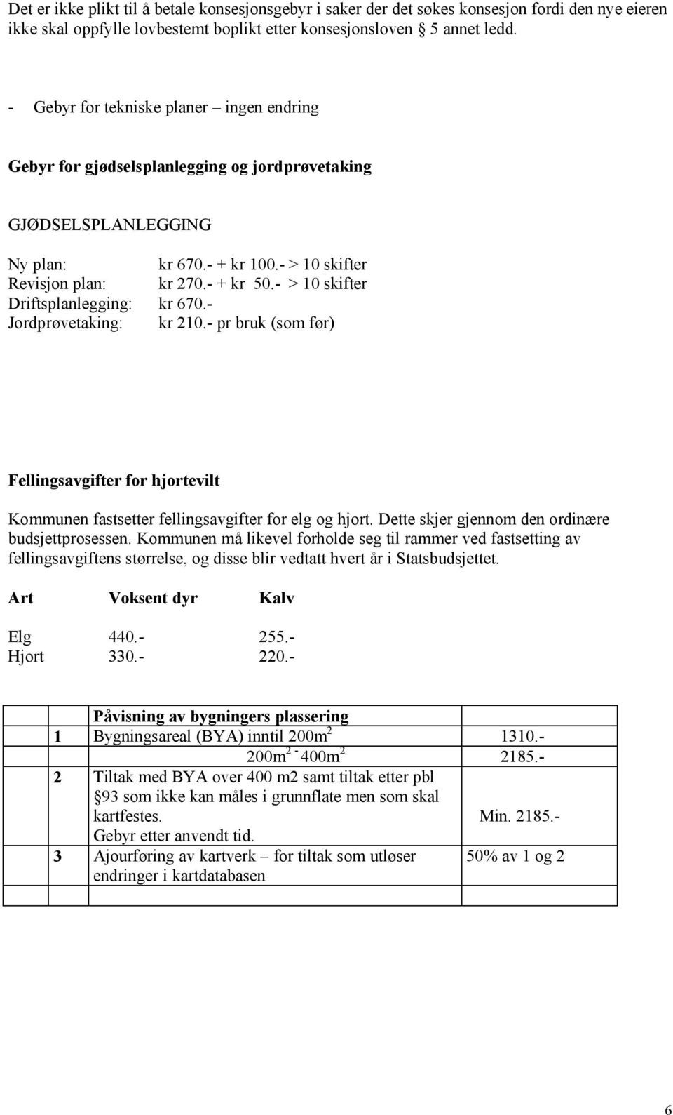 - > 10 skifter Driftsplanlegging: kr 670.- Jordprøvetaking: kr 210.- pr bruk (som før) Fellingsavgifter for hjortevilt Kommunen fastsetter fellingsavgifter for elg og hjort.