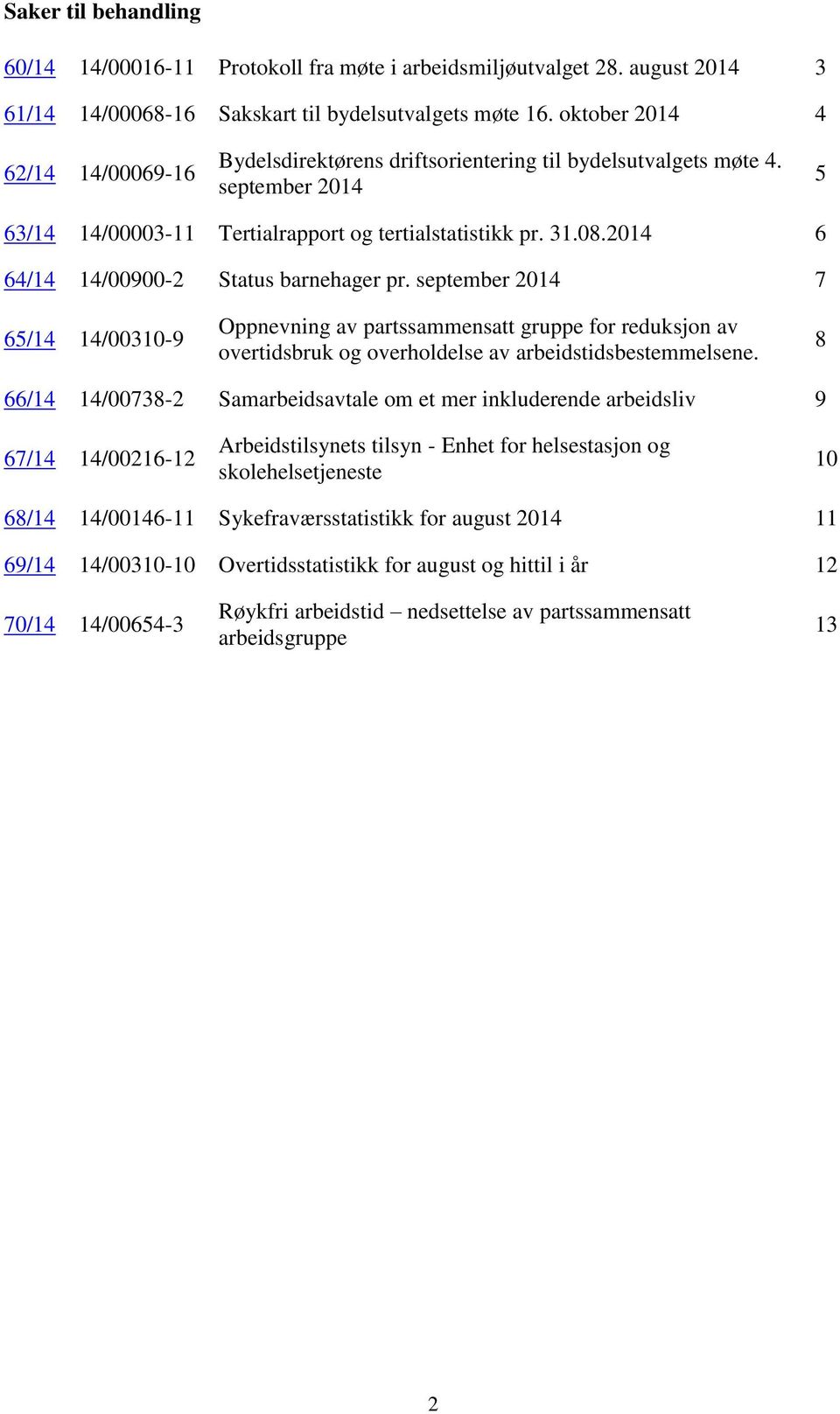 2014 6 64/14 14/00900-2 Status barnehager pr. september 2014 7 65/14 14/00310-9 Oppnevning av partssammensatt gruppe for reduksjon av overtidsbruk og overholdelse av arbeidstidsbestemmelsene.