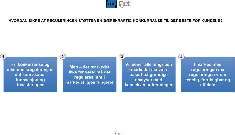 ikke fungerer må det reguleres inntil markedet igjen fungerer Vi mener alle inngripen i markedet må være basert