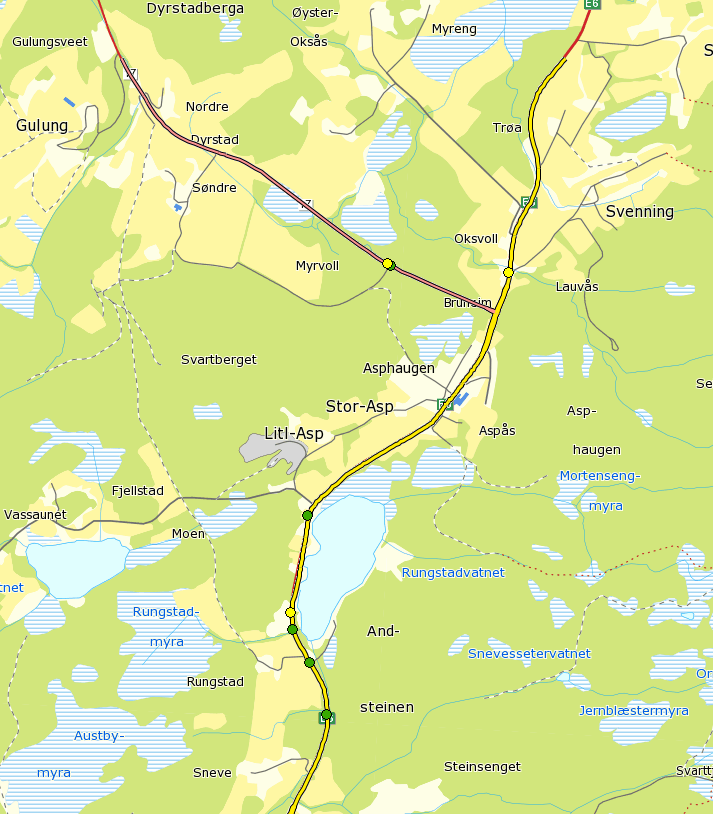 Figur 8: Kartet viser registrerte ulykker fra NVDB i femårsperioden 2007 2011. Gul prikk angir ulykke med alvorlig skadde, mens grønn prikk angir ulykke med lettere skadde.