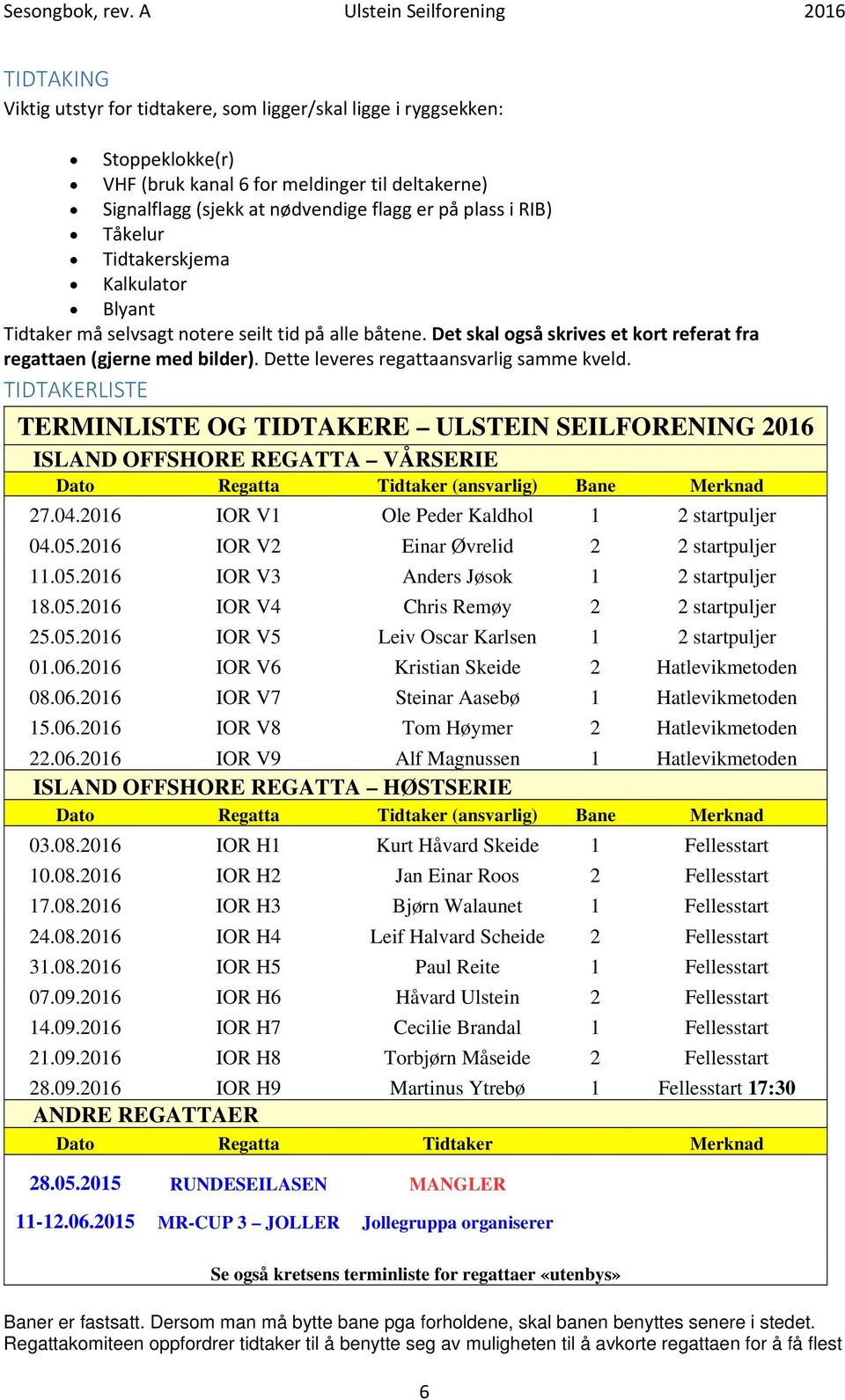 Dette leveres regattaansvarlig samme kveld. TIDTAKERLISTE TERMINLISTE OG TIDTAKERE ULSTEIN SEILFORENING 2016 ISLAND OFFSHORE REGATTA VÅRSERIE Dato Regatta Tidtaker (ansvarlig) Bane Merknad 27.04.