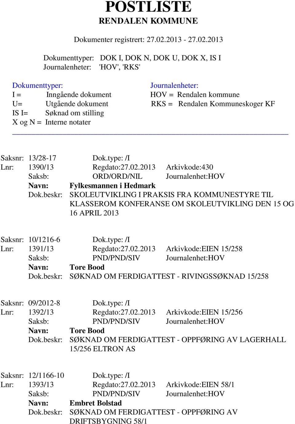 2013 Arkivkode:EIEN 15/258 Navn: Tore Bood Dok.beskr: SØKNAD OM FERDIGATTEST - RIVINGSSØKNAD 15/258 Saksnr: 09/2012-8 Dok.type: /I Lnr: 1392/13 Regdato:27.02.