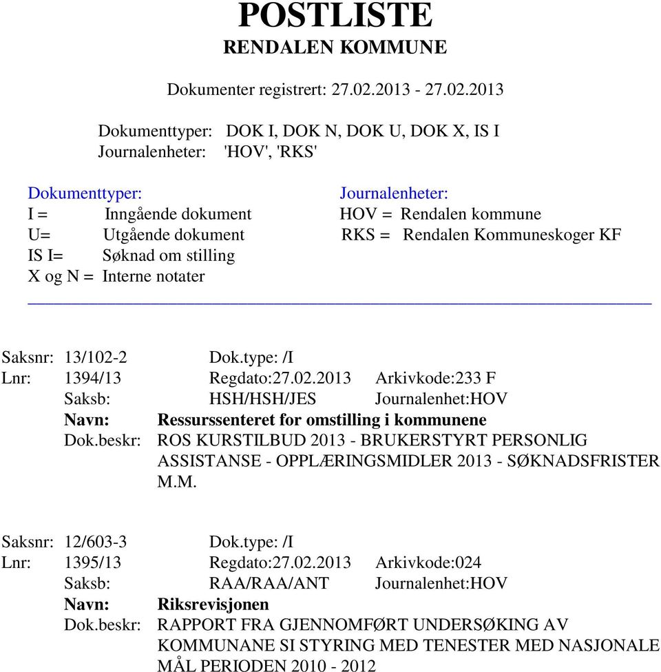 2013 Arkivkode:233 F Saksb: HSH/HSH/JES Journalenhet:HOV Navn: Ressurssenteret for omstilling i kommunene Dok.