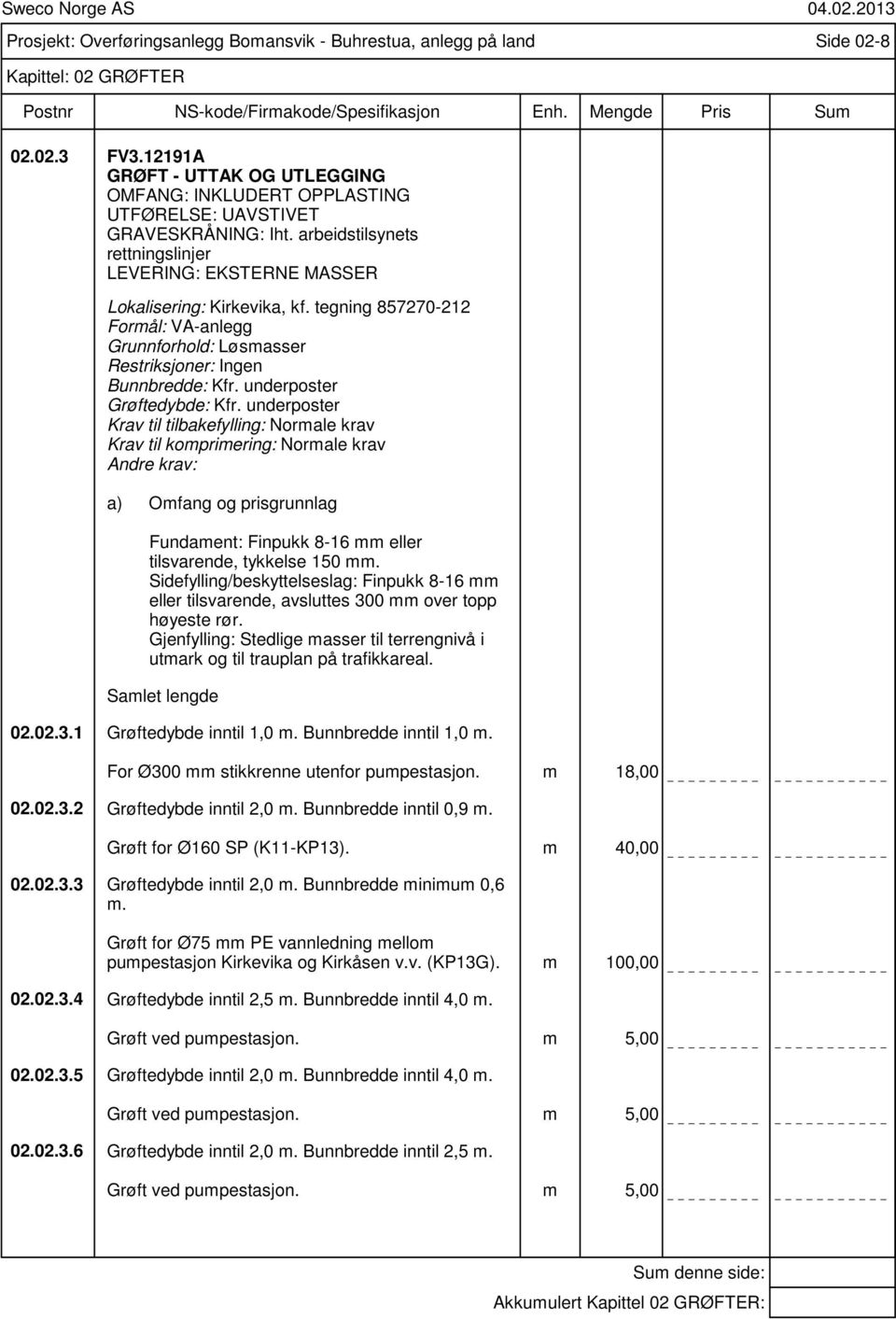 tegning 857270-212 Formål: VA-anlegg Grunnforhold: Løsmasser Restriksjoner: Ingen Bunnbredde: Kfr. underposter Grøftedybde: Kfr.