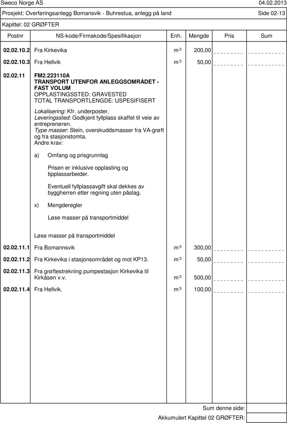 Leveringssted: Godkjent fyllplass skaffet til veie av entreprenøren. Type masser: Stein, overskuddsmasser fra VA-grøft og fra stasjonstomta. Prisen er inklusive opplasting og tipplassarbeider.