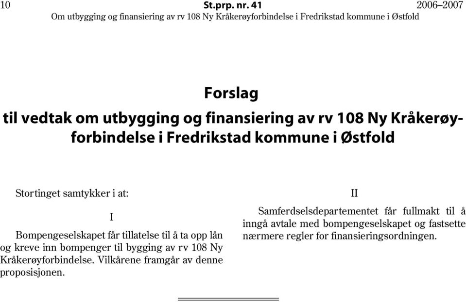 i Østfold Stortinget samtykker i at: I Bompengeselskapet får tillatelse til å ta opp lån og kreve inn bompenger til