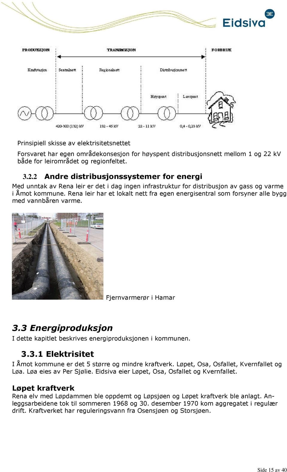 Rena leir har et lokalt nett fra egen energisentral som forsyner alle bygg med vannbåren varme. Fjernvarmerør i Hamar 3.3 Energiproduksjon I dette kapitlet beskrives energiproduksjonen i kommunen. 3.3.1 Elektrisitet I Åmot kommune er det 5 større og mindre kraftverk.