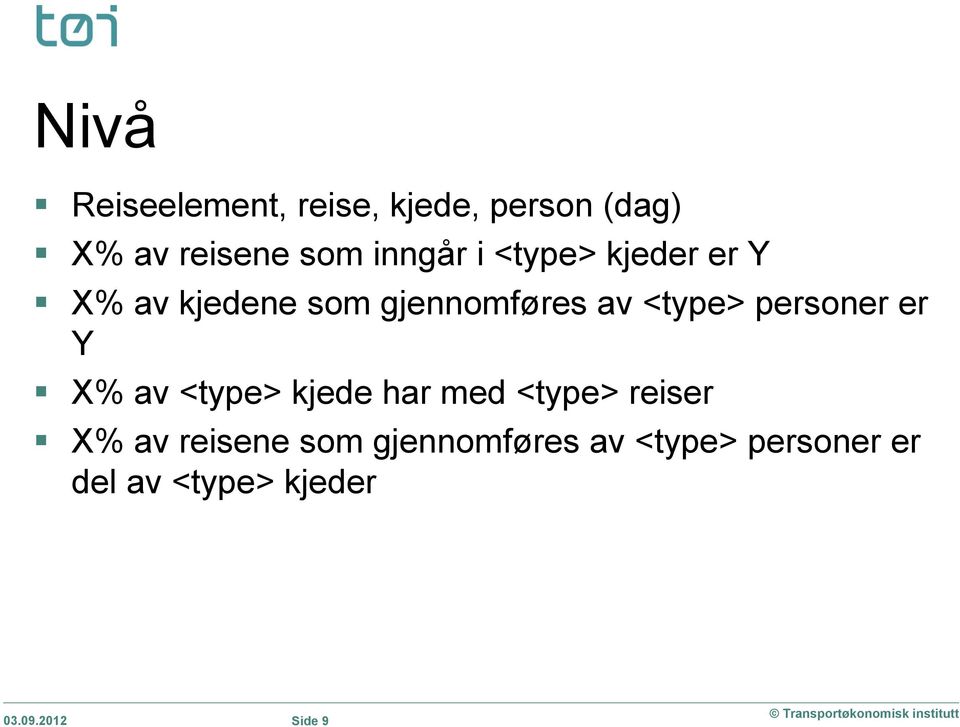 personer er Y X% av <type> kjede har med <type> reiser X% av reisene