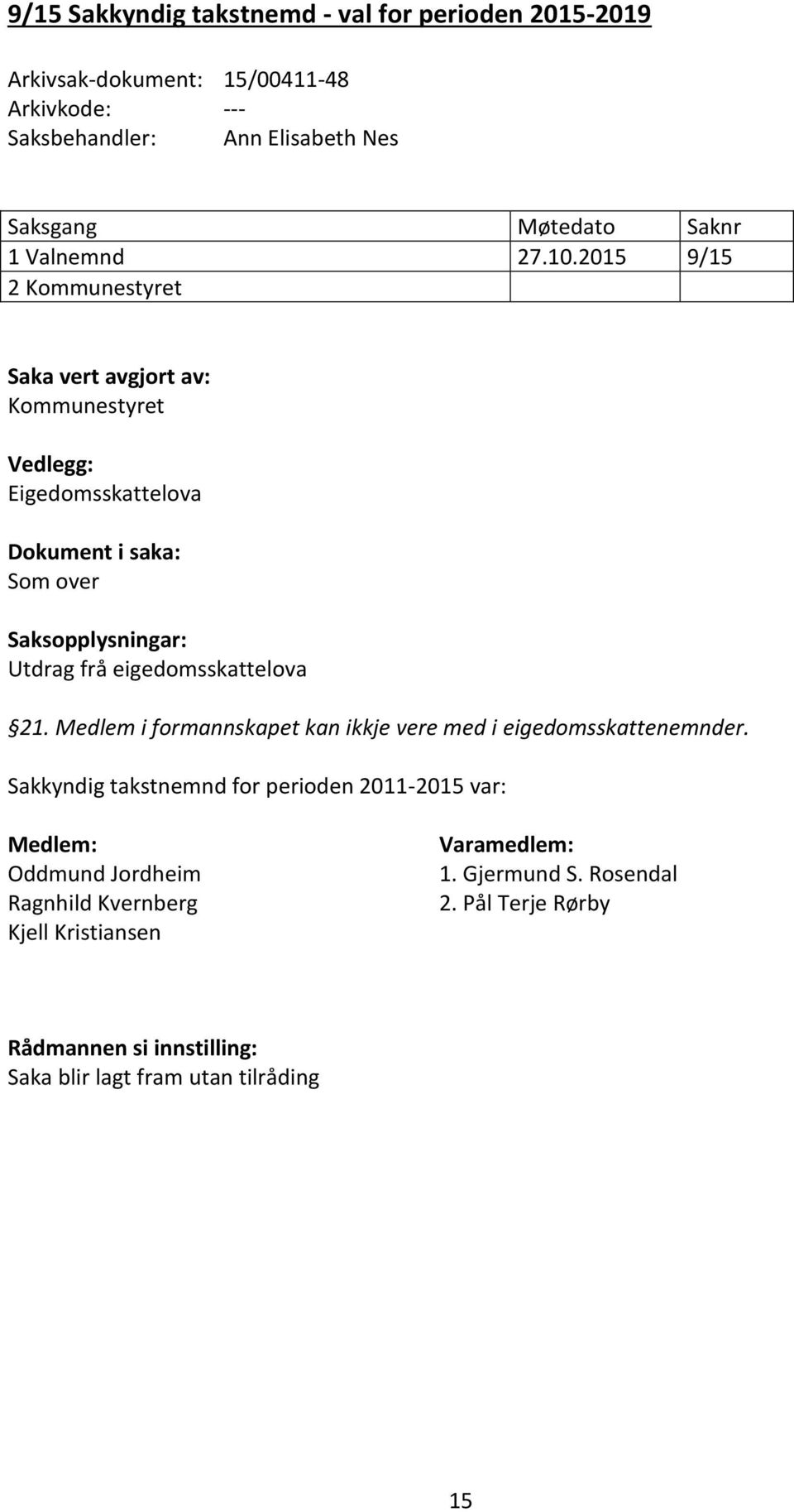 Medlem i formannskapet kan ikkje vere med i eigedomsskattenemnder.