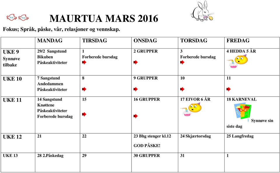 Forberede bursdag 4 HEDDA 5 ÅR UKE 10 UKE 11 7 Sangstund Andedammen Påskeaktiviteter 14 Sangstund Knøttene Påskeaktiviteter Forberede