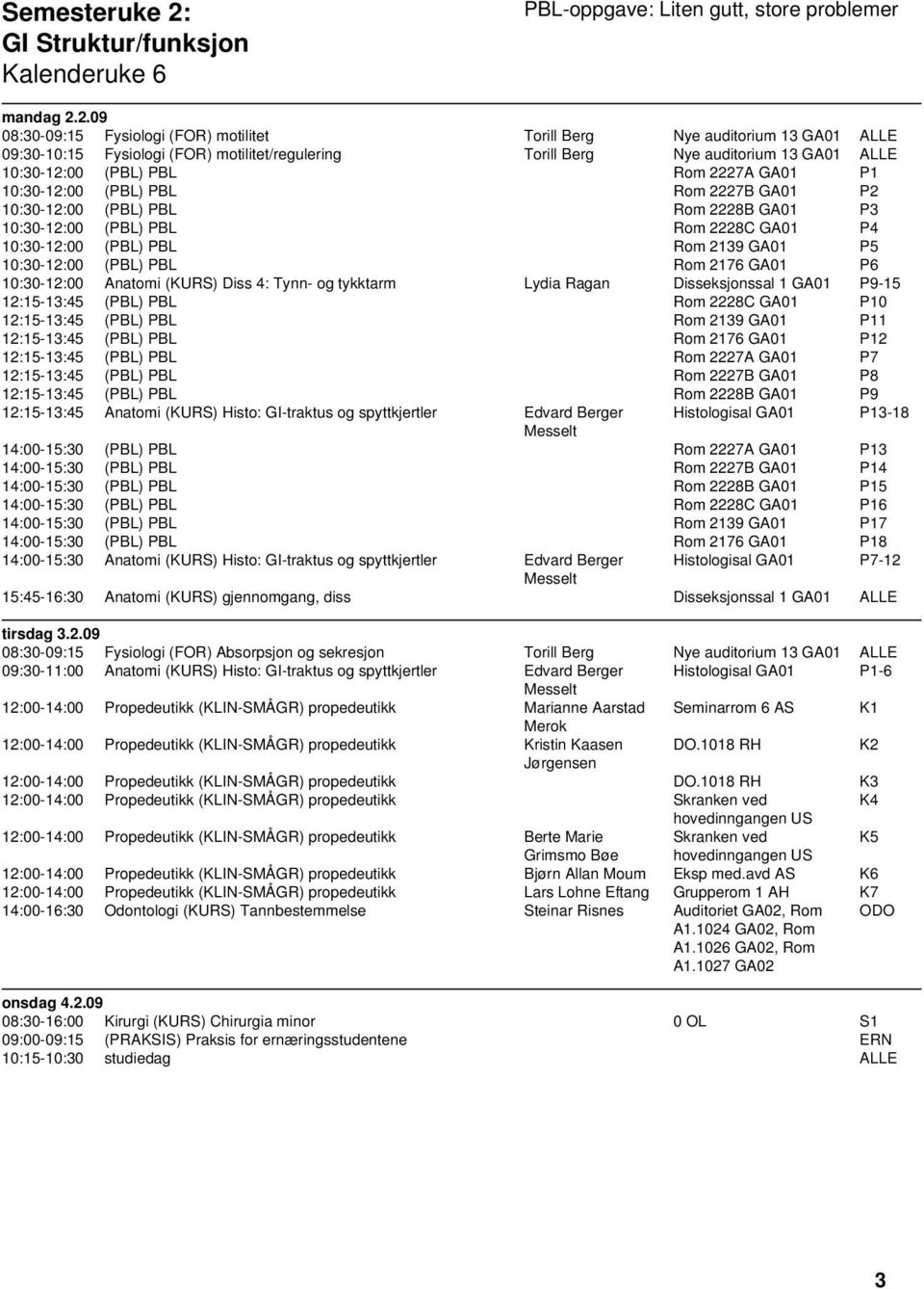 2.09 08:30-09:15 Fysiologi (FOR) motilitet Torill Berg Nye auditorium 13 GA01 ALLE 09:30-10:15 Fysiologi (FOR) motilitet/regulering Torill Berg Nye auditorium 13 GA01 ALLE 10:30-12:00 (PBL) PBL Rom