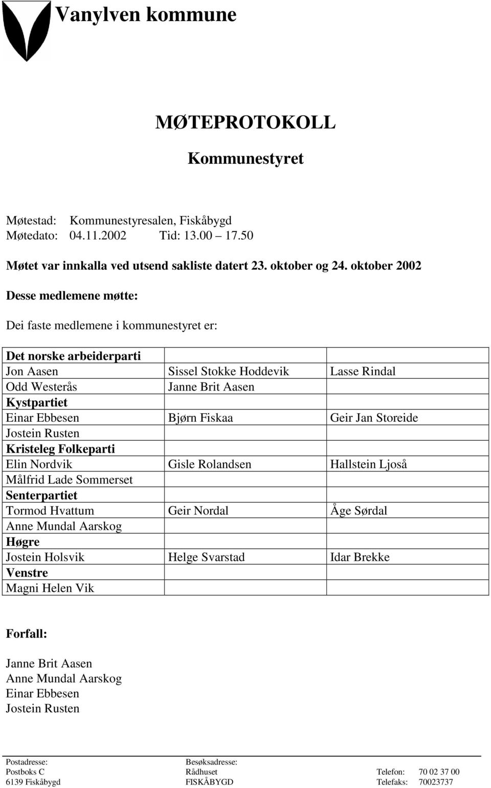 Ebbesen Bjørn Fiskaa Geir Jan Storeide Jostein Rusten Kristeleg Folkeparti Elin Nordvik Gisle Rolandsen Hallstein Ljoså Målfrid Lade Sommerset Senterpartiet Tormod Hvattum Geir Nordal Åge Sørdal Anne