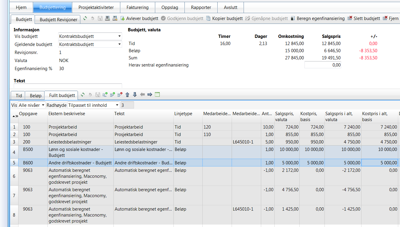 Det kan komme opp 1, 2 eller 3 linjer med automatisk beregnet egenfinansiering. Det jobbes med at systemet kun skal legge til én linje, men dette er foreløpig ikke på plass.