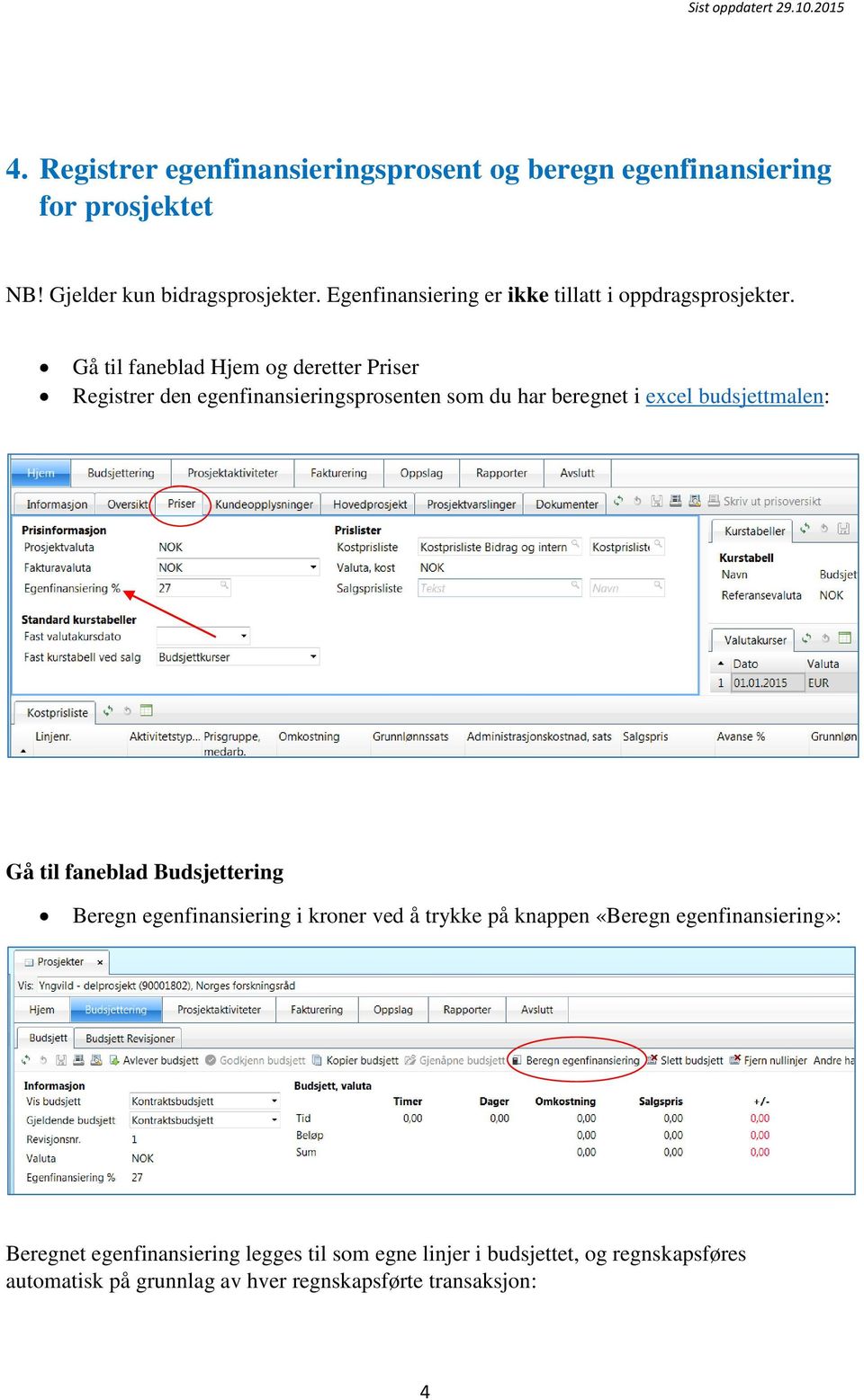 Gå til faneblad Hjem og deretter Priser Registrer den egenfinansieringsprosenten som du har beregnet i excel budsjettmalen: Gå til