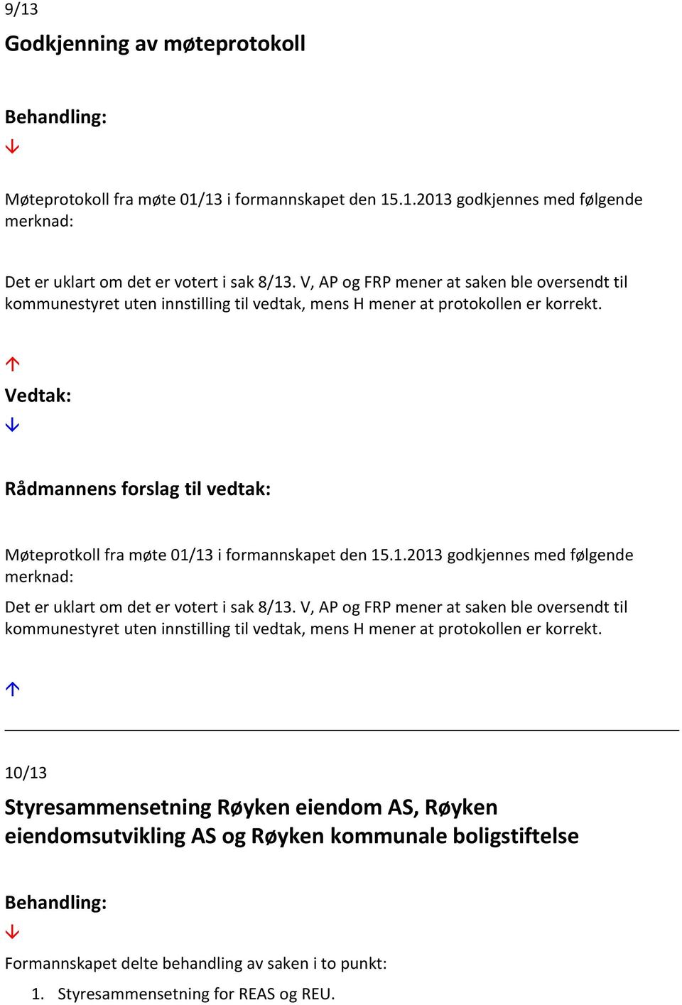 Rådmannens forslag til vedtak: Møteprotkoll fra møte 01/13 i formannskapet den 15.1.2013 godkjennes med følgende merknad: Det er uklart om det er votert i sak 8/13.