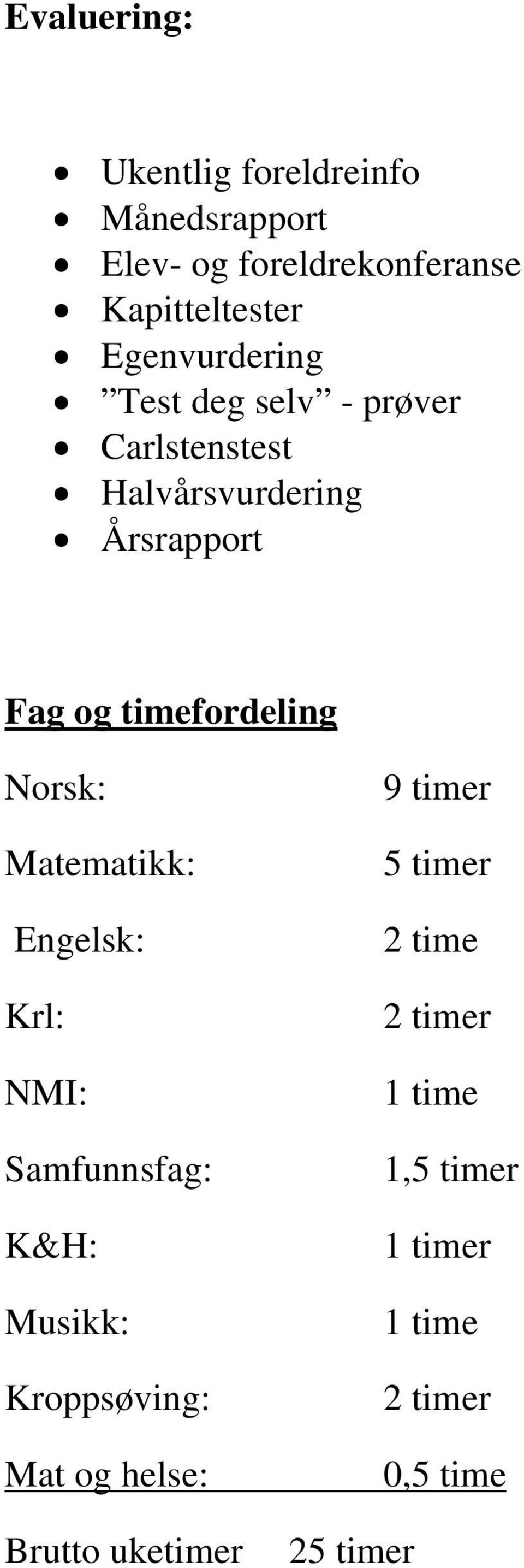 timefordeling Norsk: Matematikk: Engelsk: Krl: NMI: Samfunnsfag: K&H: Musikk: Kroppsøving: Mat