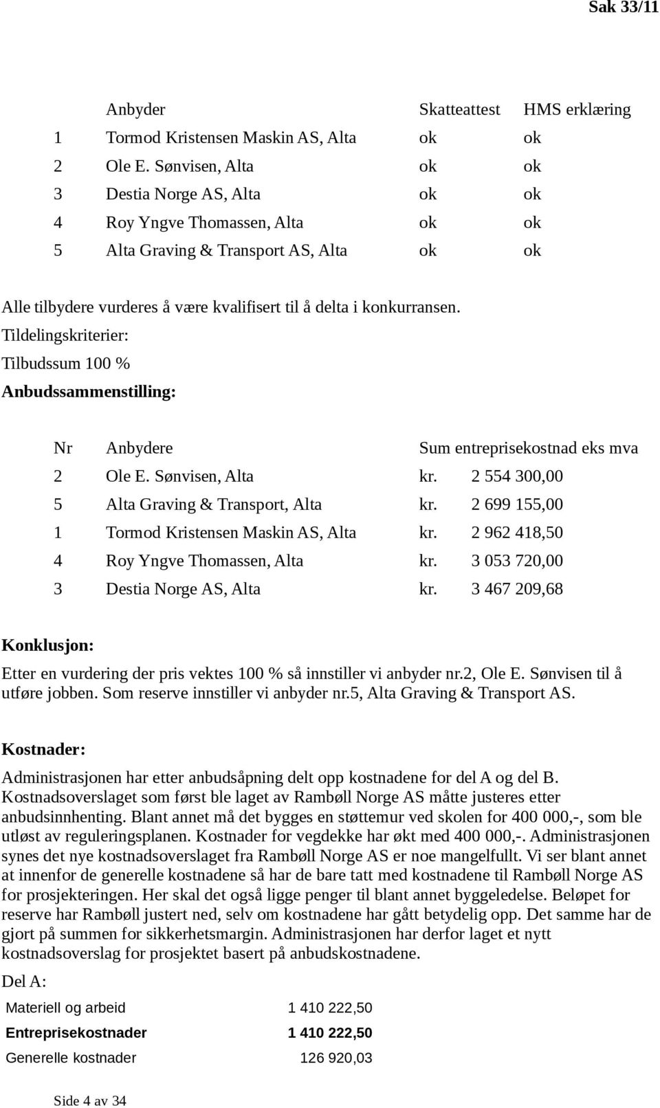 Tildelingskriterier: Tilbudssum 100 % Anbudssammenstilling: Nr Anbydere Sum entreprisekostnad eks mva 2 Ole E. Sønvisen, Alta kr. 2 554 300,00 5 Alta Graving & Transport, Alta kr.