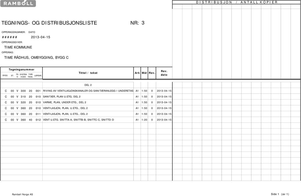 Rev. dato DEL 2 00 V 300 20 001 ING V VENTILSJONSKNLER OG SNITÆRNLEGG I UNDERETS 1 1:50 0 2013-04-15 00 V 310 20 010 SNITÆR, PLN U.