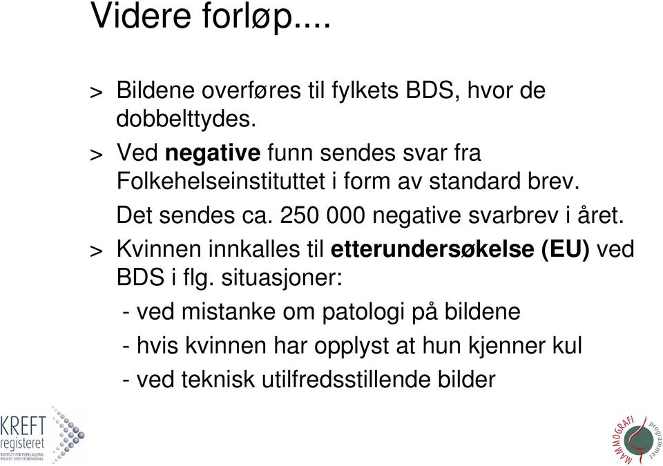 250 000 negative svarbrev i året. > Kvinnen innkalles til etterundersøkelse (EU) ved BDS i flg.