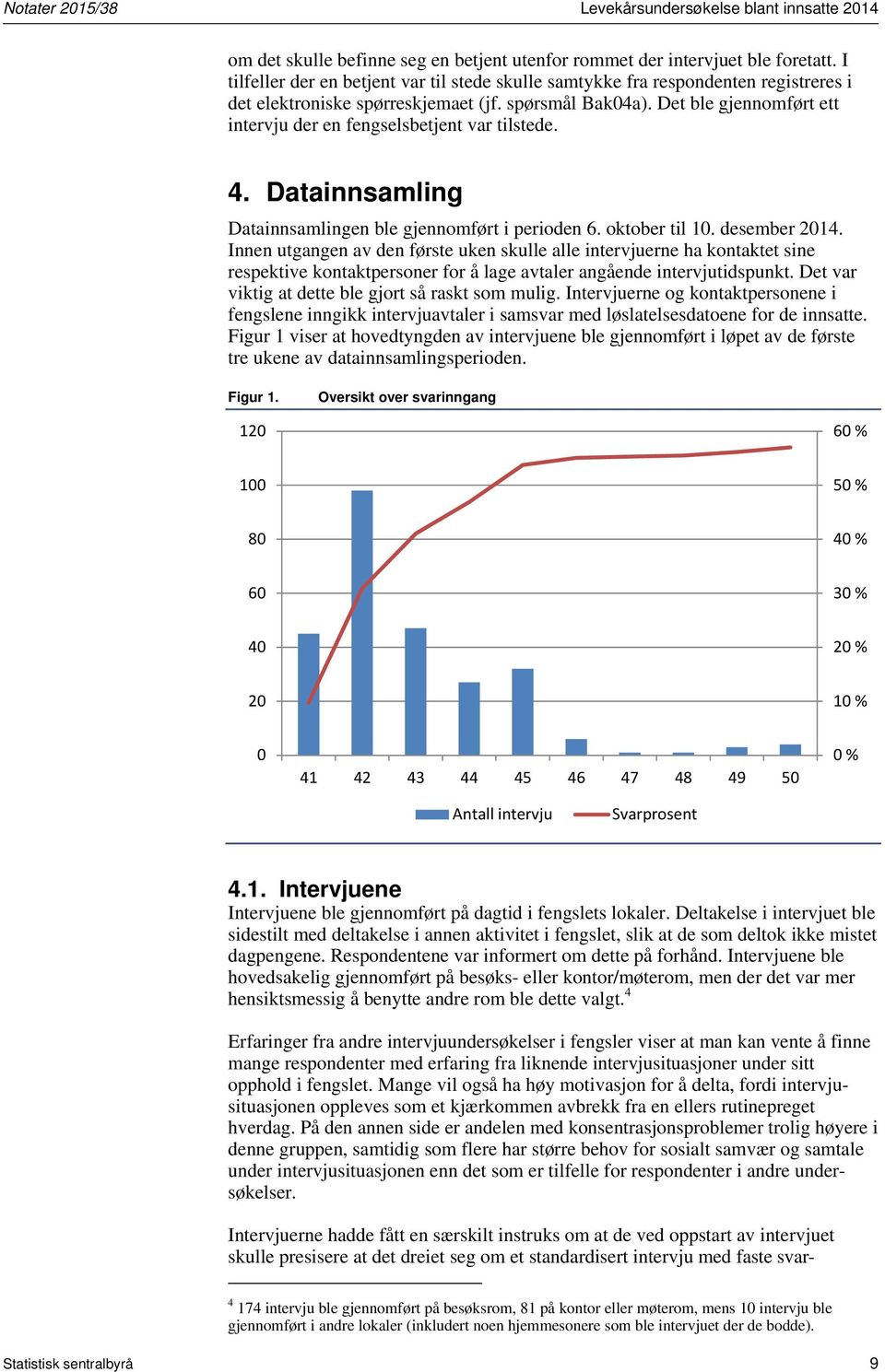 Det ble gjennomført ett intervju der en fengselsbetjent var tilstede. 4. Datainnsamling Datainnsamlingen ble gjennomført i perioden 6. oktober til 10. desember 2014.