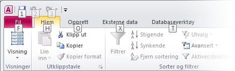 Innføring i tastetips Access 2010 har snarveier for båndet, som kalles for tastetips, så du kan raskt utføre oppgaver uten å bruke musen. Virker tastatursnarveier fortsatt?