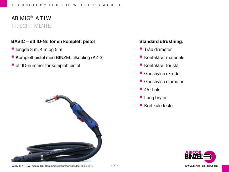 ett ID-nummer for komplett pistol Standard utrustning: Tråd diameter Kontaktrør materiale