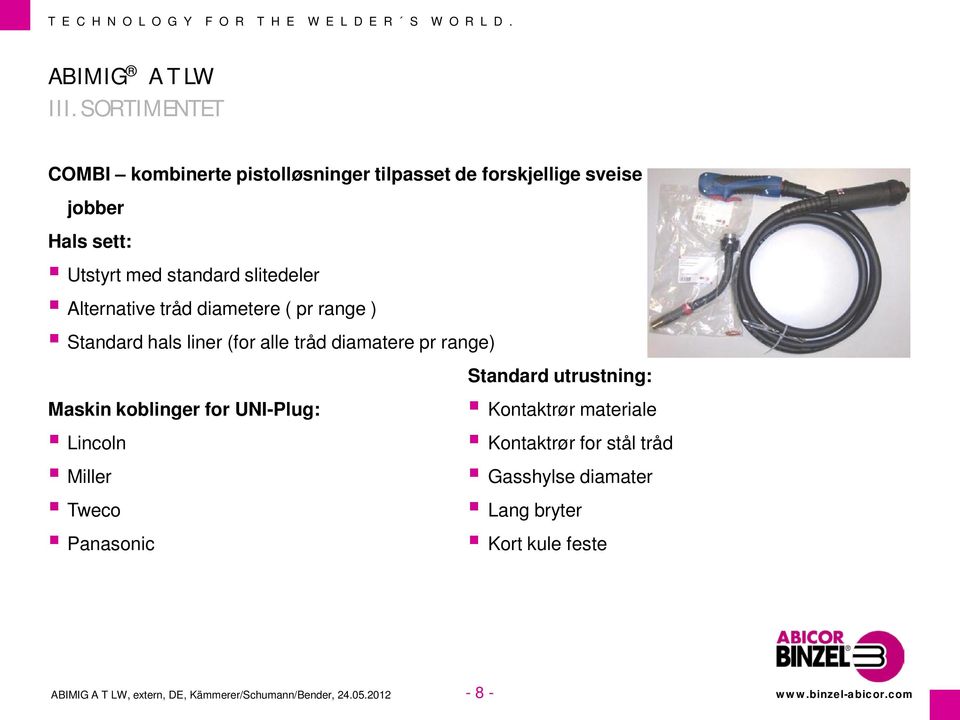 Maskin koblinger for UNI-Plug: Lincoln Miller Tweco Panasonic Standard utrustning: Kontaktrør materiale Kontaktrør