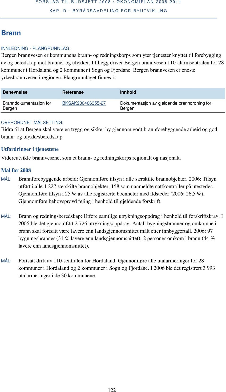 Plangrunnlaget finnes i: Benevnelse Referanse Innhold Branndokumentasjon for Bergen BKSAK200406355-27 Dokumentasjon av gjeldende brannordning for Bergen OVERORDNET MÅLSETTING: Bidra til at Bergen