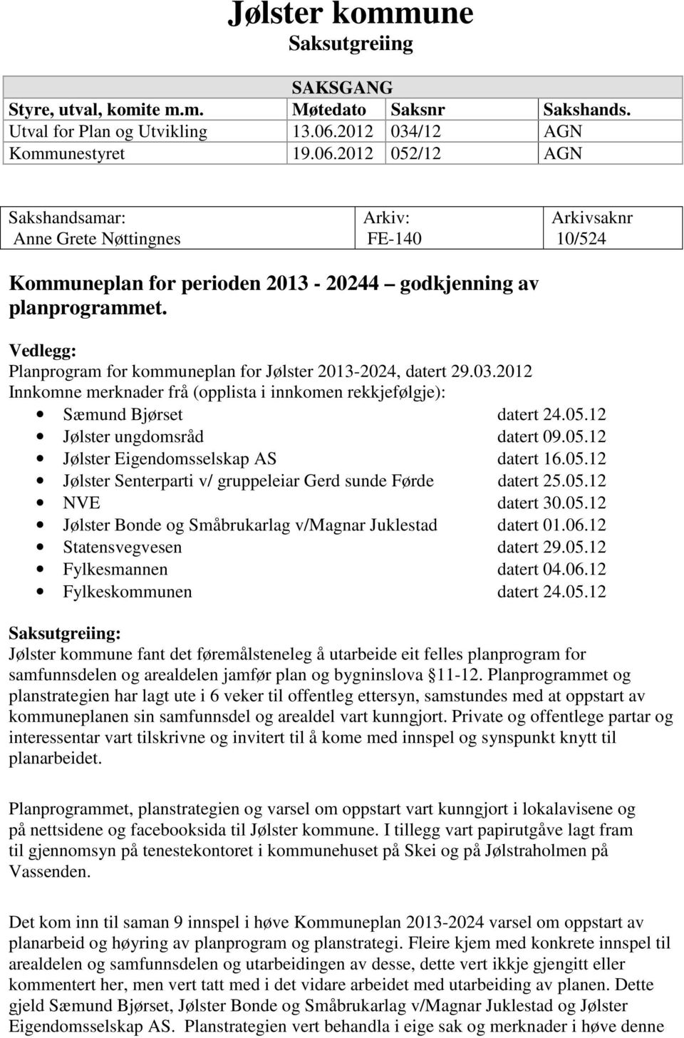 Vedlegg: Planprogram for kommuneplan for Jølster 2013-2024, datert 29.03.2012 Innkomne merknader frå (opplista i innkomen rekkjefølgje): Sæmund Bjørset datert 24.05.