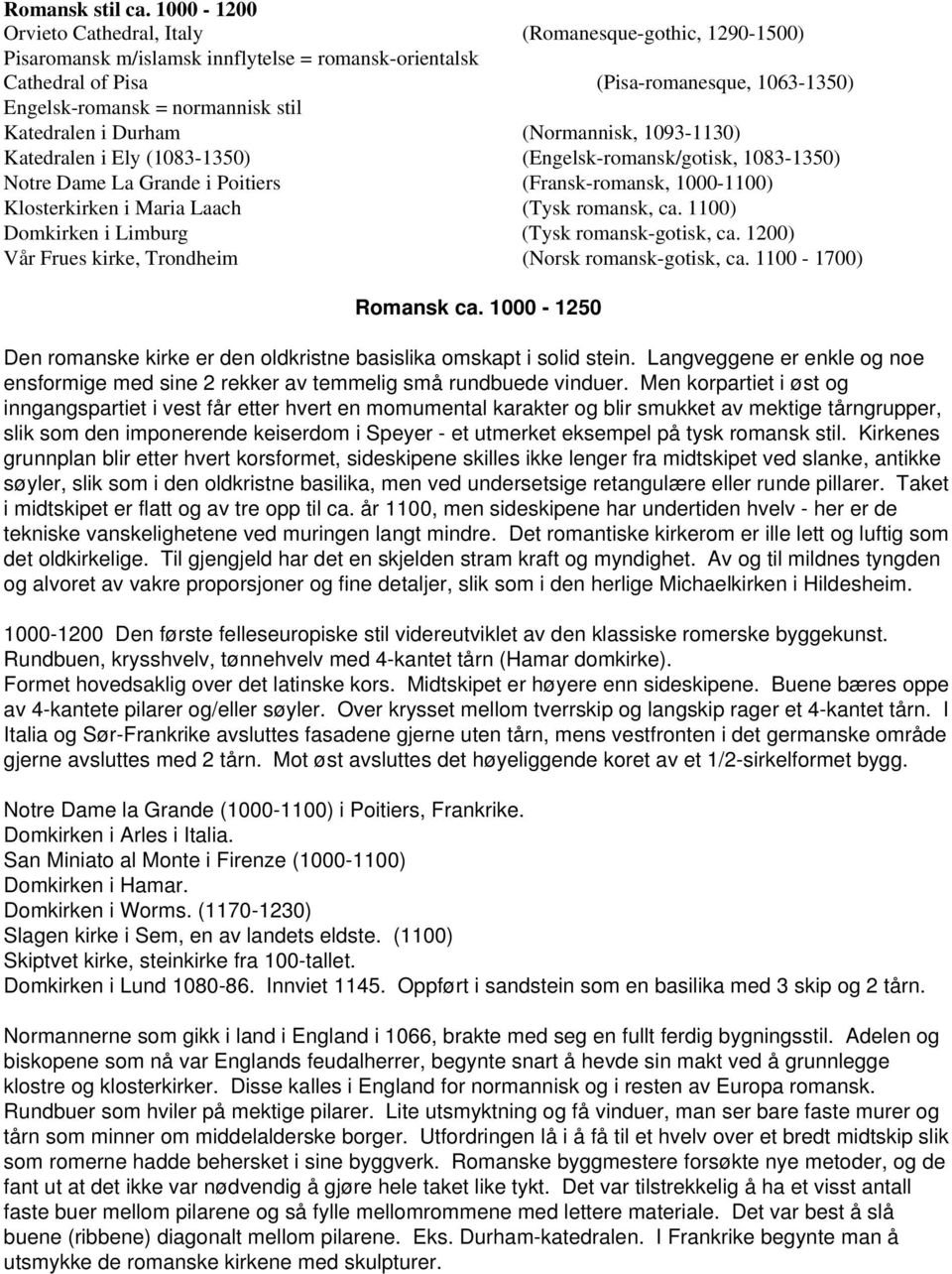 stil Katedralen i Durham (Normannisk, 1093-1130) Katedralen i Ely (1083-1350) (Engelsk-romansk/gotisk, 1083-1350) Notre Dame La Grande i Poitiers (Fransk-romansk, 1000-1100) Klosterkirken i Maria