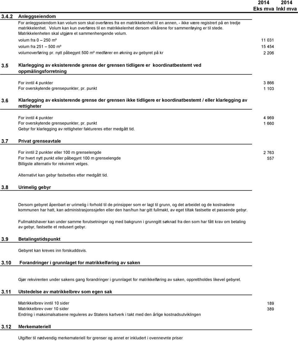 volum fra 0 250 m³ 11 031 volum fra 251 500 m³ 15 454 volumoverføring pr. nytt påbegynt 500 m³ medfører en økning av gebyret på kr 2 206 3.