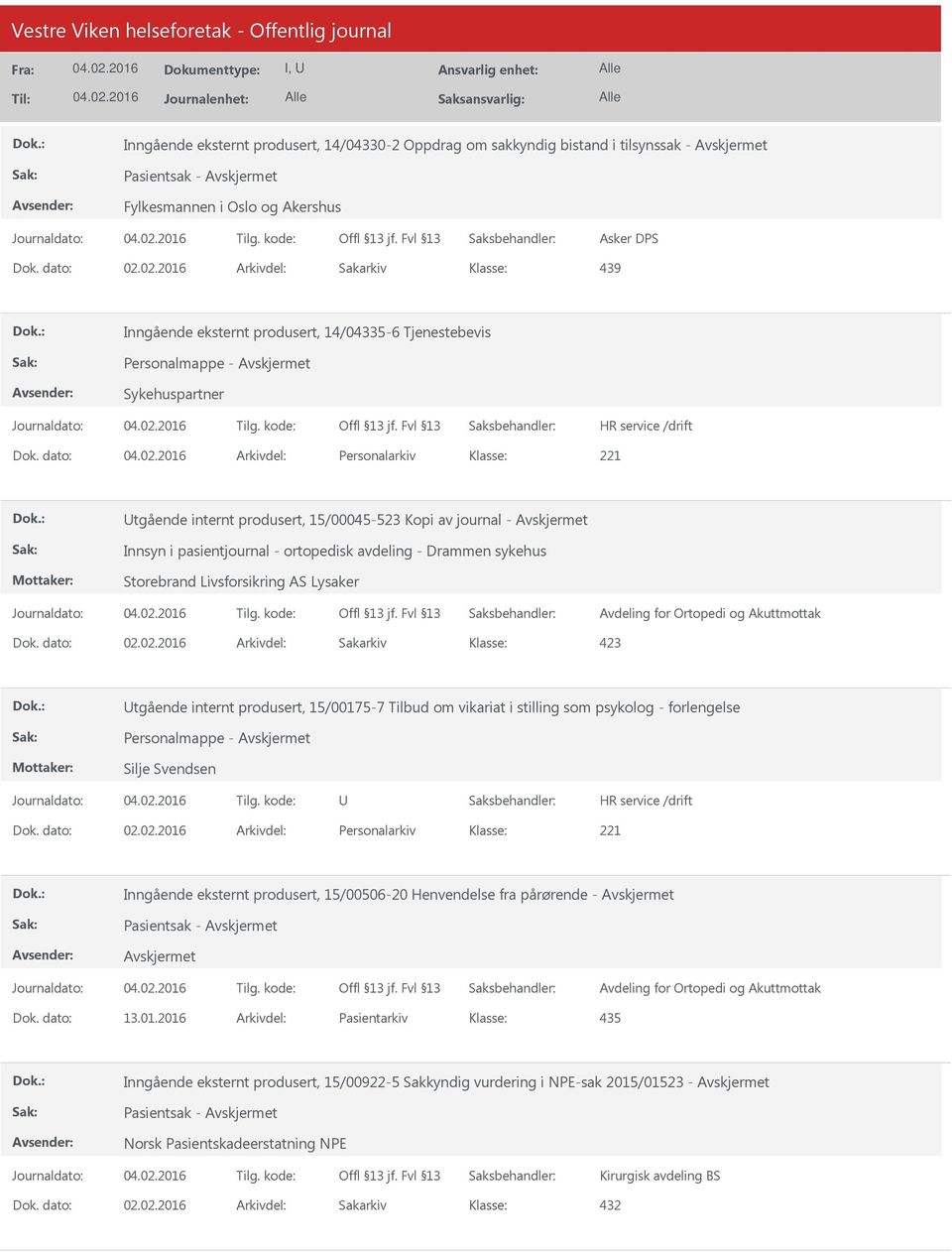 dato: Arkivdel: Personalarkiv tgående internt produsert, 15/00045-523 Kopi av journal - Innsyn i pasientjournal - ortopedisk avdeling - Drammen sykehus Storebrand Livsforsikring AS Lysaker Avdeling