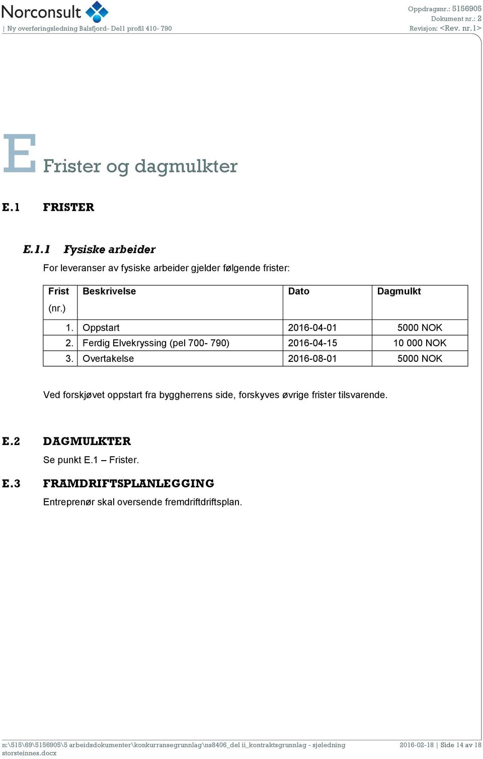 Overtakelse 2016-08-01 5000 NOK Ved forskjøvet oppstart fra byggherrens side, forskyves øvrige frister tilsvarende. E.