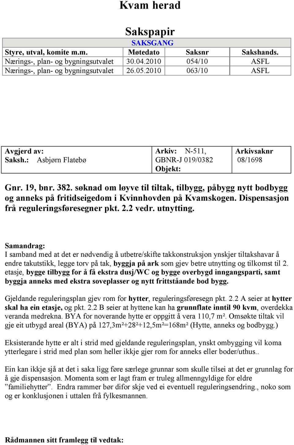 søknad om løyve til tiltak, tilbygg, påbygg nytt bodbygg og anneks på fritidseigedom i Kvinnhovden på Kvamskogen. Dispensasjon frå reguleringsføresegner pkt. 2.2 vedr. utnytting.