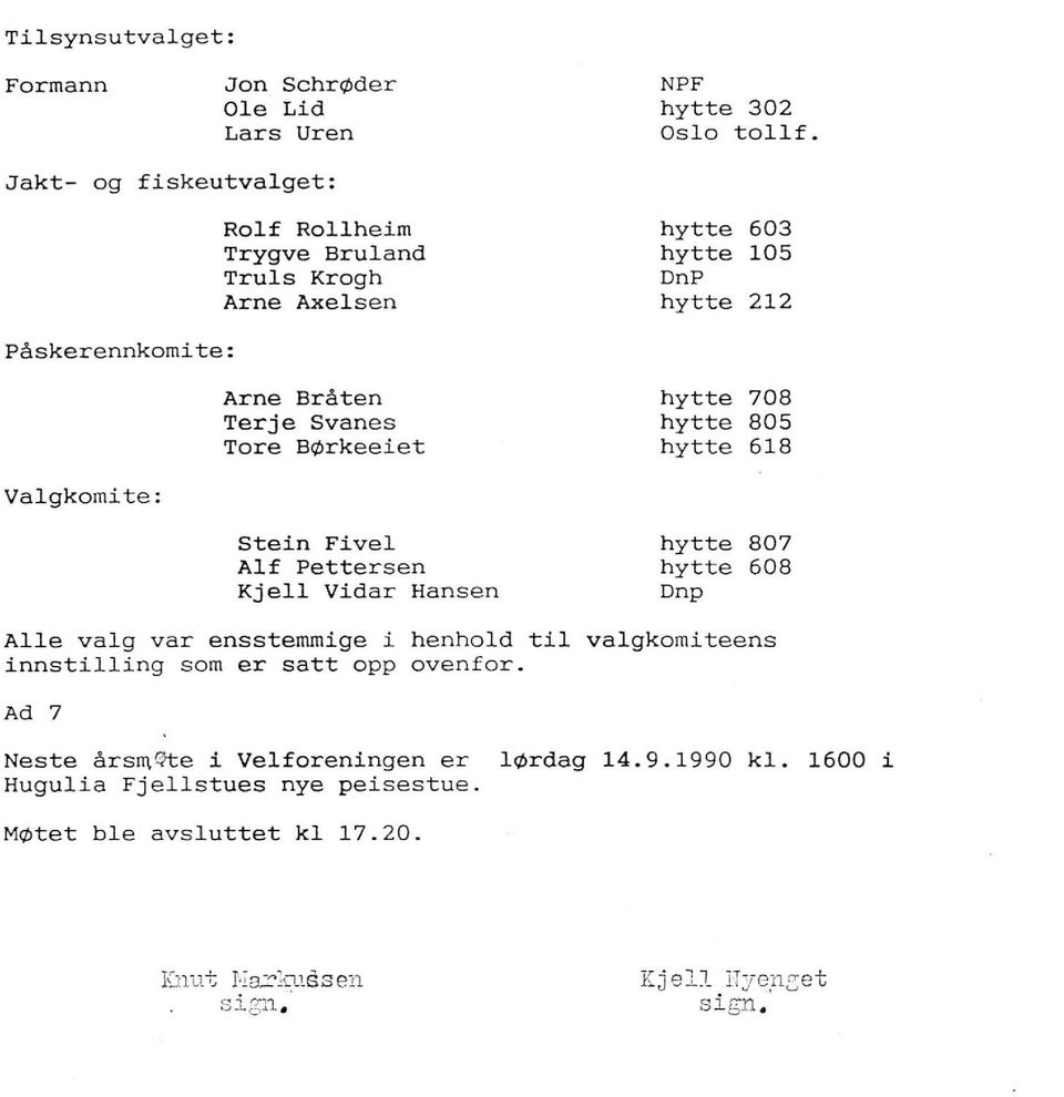 708 Terje Svanes hytte 805 Tore Børkeeiet hytte 618 Stein Fivel hytte 807 Alf Pettersen hytte 608 Kjell Vidar Hansen Dnp Alle valg var ensstemmige i henhold t