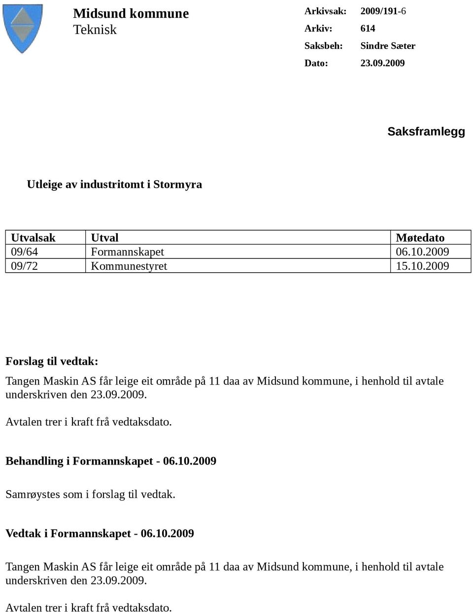 09.2009. Avtalen trer i kraft frå vedtaksdato. Behandling i Formannskapet - 06.10.