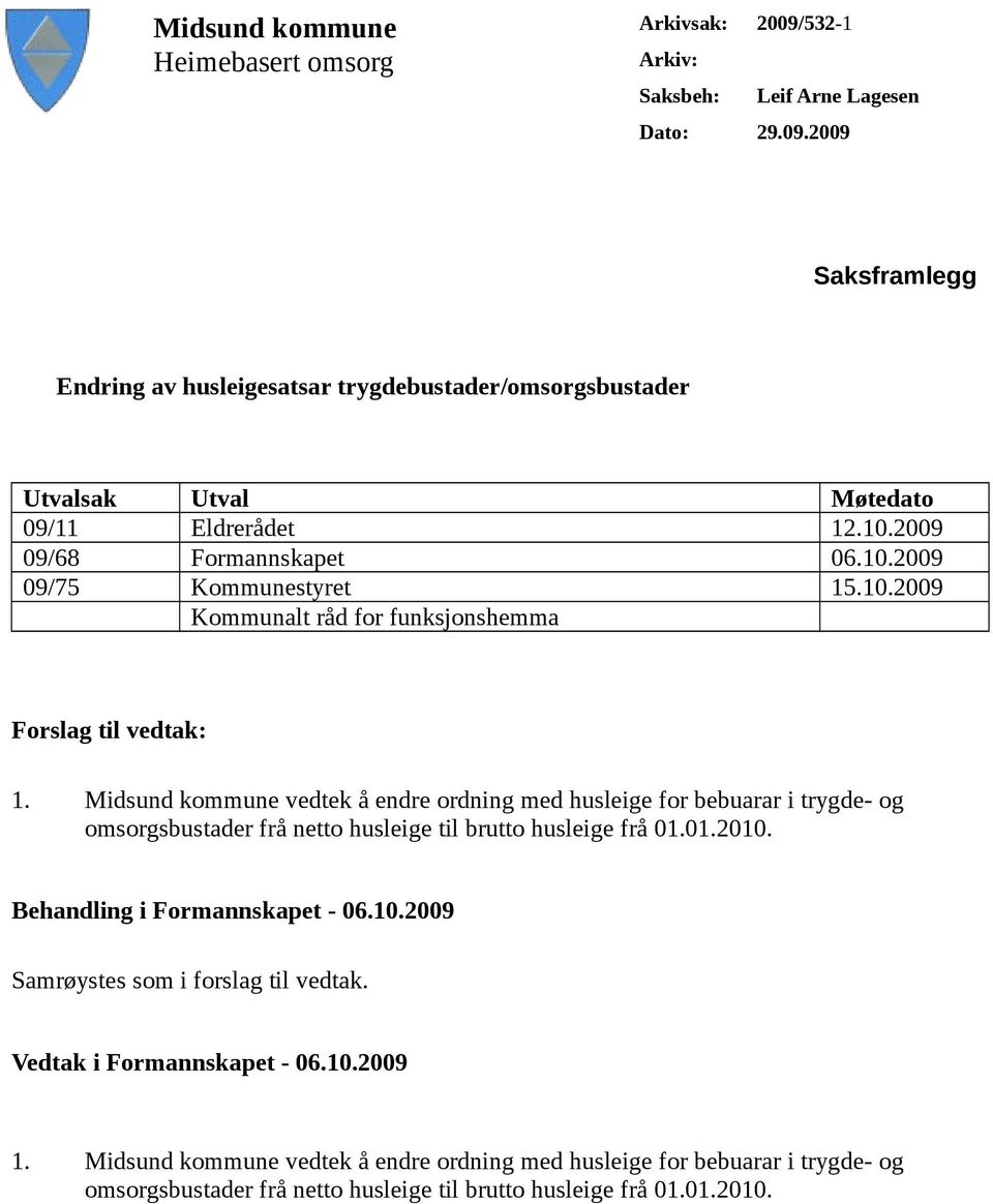 Midsund kommune vedtek å endre ordning med husleige for bebuarar i trygde- og omsorgsbustader frå netto husleige til brutto husleige frå 01.01.2010. Behandling i Formannskapet - 06.10.2009 Samrøystes som i forslag til vedtak.