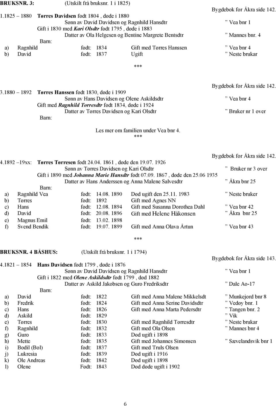 av Ola Helgesen og Bentine Margrete Bentsdtr Mannes bnr. 4 a) Ragnhild født: 1834 Gift med Tørres Hanssen Vea bnr 4 b) David født: 1837 Ugift Neste brukar Bygdebok for Åkra side 142. 3.