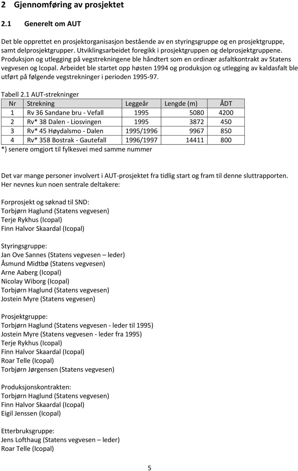 Arbeidet ble startet opp høsten 1994 og produksjon og utlegging av kaldasfalt ble utført på følgende vegstrekninger i perioden 1995-97. Tabell 2.