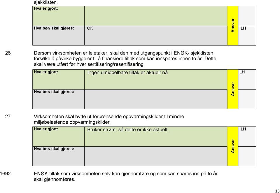 tiltak som kan innspares innen to år. Dette skal være utført før hver sertifisering/resertifisering.