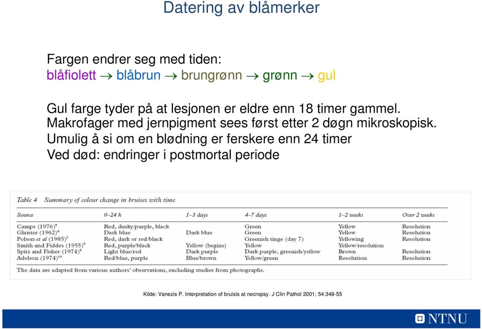 Makrofager med jernpigment sees først etter 2 døgn mikroskopisk.