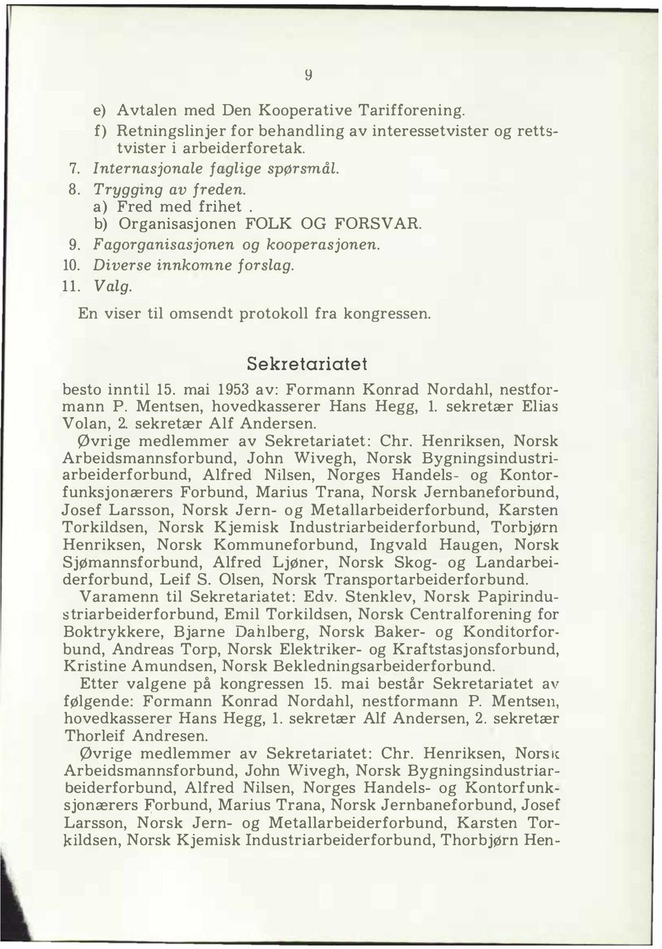 Sekretariatet besto innti1 15. mai 1953 av: Formann Konrad Nordah, nestformann P. Mentsen, hovedkasserer Hans Hegg, 1. sekretær Eias Voan,. sekretær Af Andersen.